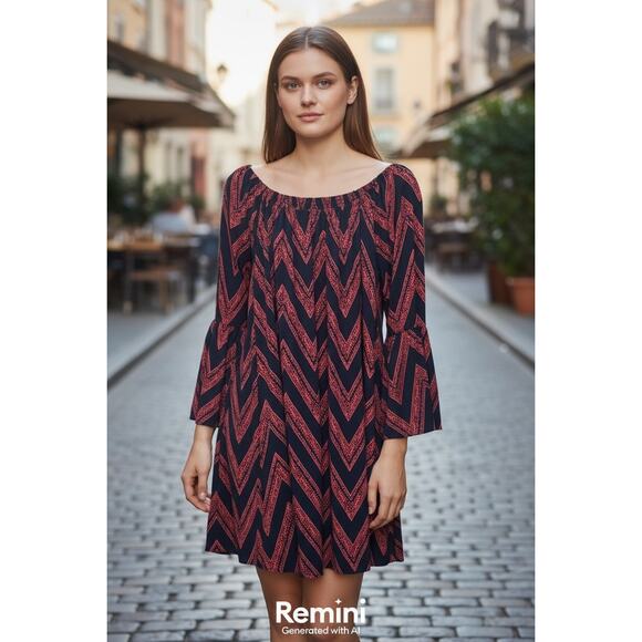 Boho Chevron Off-Shoulder Dress | Bell Sleeve Navy & pink Mini | Flowy Fit - Picture 1 of 4